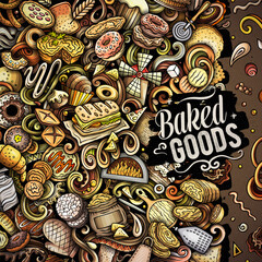 Cartoon vector Bakery doodle border illustration features a variety of bakehouse objects and symbols