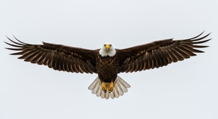 Fototapeta premium A bald eagle in flight with its wings spread wide against a clear white sky background outdoors