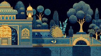Mughal garden at night with temple palace peacock and trees illustrated for wallpaper