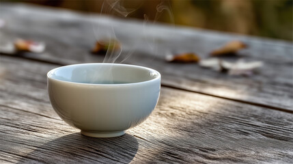 Elegant white ceramic tea bowl on wooden table outdoors, steam rising
