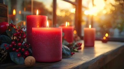 A beautiful scene of lit red candles alongside festive decorations with warm, glowing light.