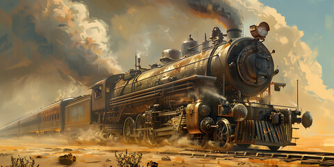 Vintage steam locomotive billowing smoke traveling through dusty landscape with cloudy sky in background

