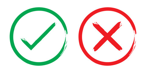 Check mark or tick mark and cross with brush signs, green check mark/OK and red X icons, symbols YES and NO button for vote, decision, election choice - vector