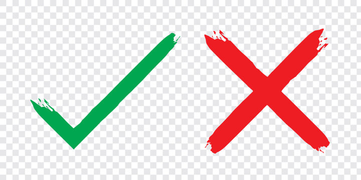 Check mark or tick mark and cross with brush signs, green check mark/OK and red X icons, symbols YES and NO button for vote, decision, election choice - vector