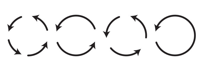 Circle arrow icon set. Symbol of reload, refresh, loading, recycle and repeat. Interconnecting round arrow vector icons set. Work in progress sign. One, two, three, four arrow in the loop