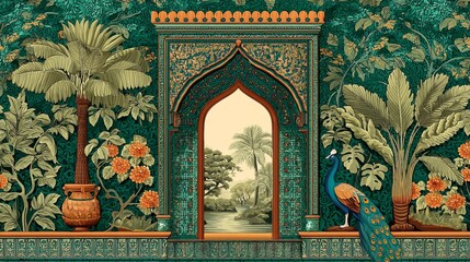 Mughal temple arch floral plants palm trees and peacock seamless garden pattern illustration