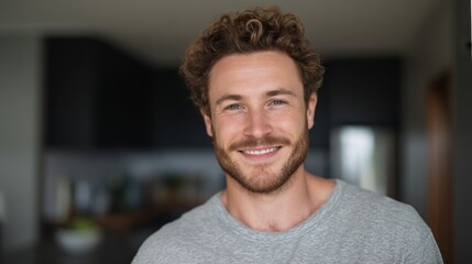 Obraz premium Happy man smiling at home, warm and relaxed vibe 