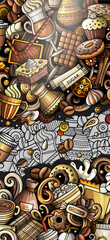 Coffee hand drawn doodle banner. Cartoon detailed flyer. Drinks identity with objects and symbols. Color vector design elements background