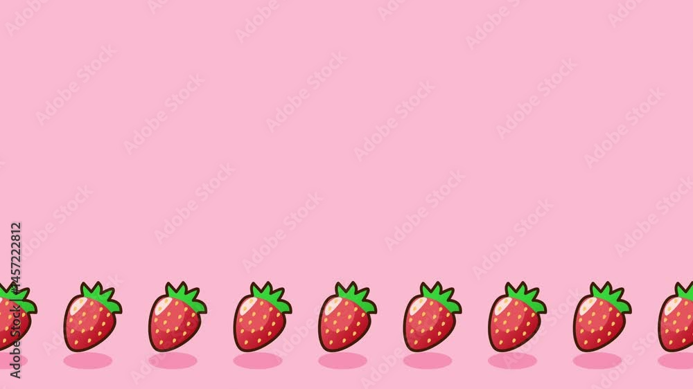Poster multiple strawberries are aligned in a neat row on a pink background, creating a rhythmic and orderl