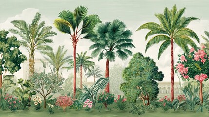Mughal garden wallpaper design with palace plants and tropical watercolor background