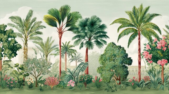 Fototapeta Mughal garden wallpaper design with palace plants and tropical watercolor background