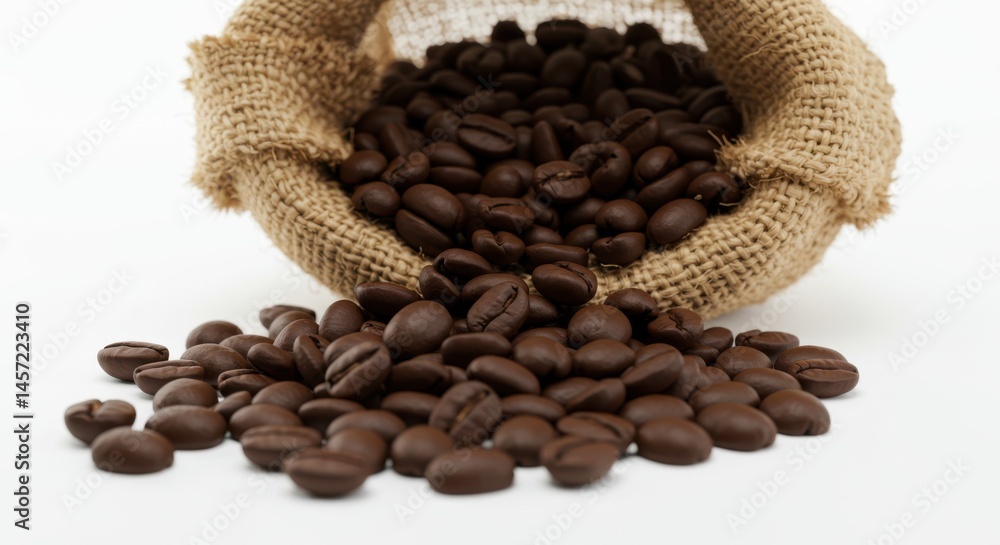 Poster coffee beans spilling out of a burlap sack on a white surface in a studio setting close up view