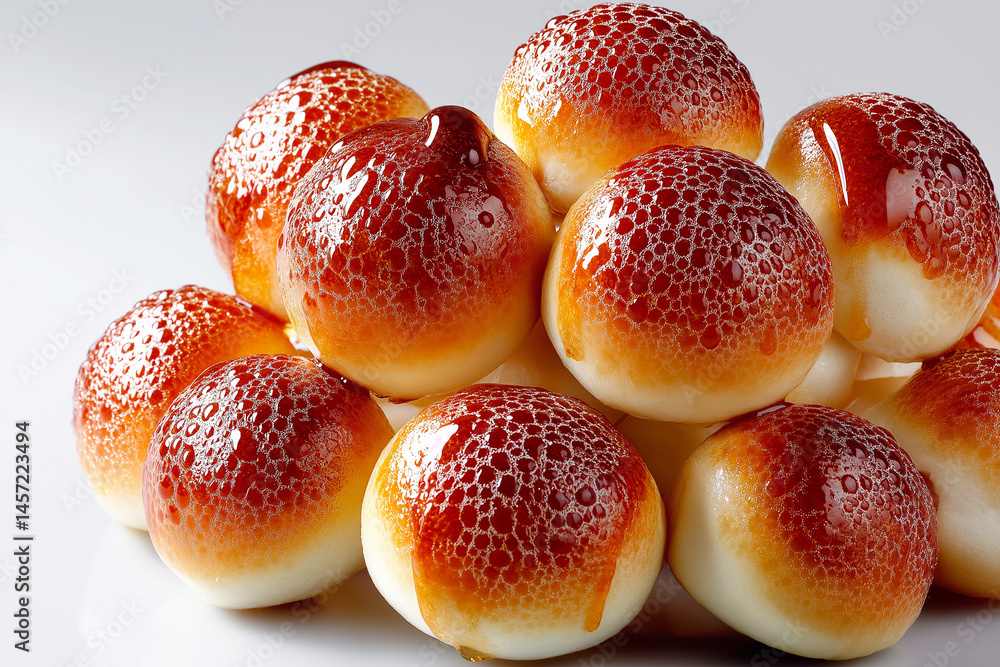 Poster delicious cluster of small round buns with shiny crust arranged on a clean surface. concept of baker