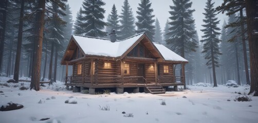 Falling snow blankets cabin & pines in snowy woods, season, festive, spruce
