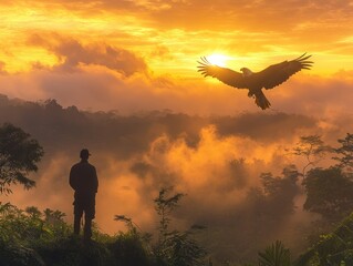 Silhouette of person watching an eagle soaring, golden sunrise above misty forest