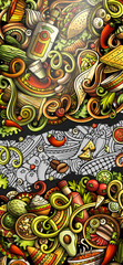 Mexican food hand drawn doodle banner. Cartoon detailed flyer. Mexica cuisine identity with objects and symbols. Color vector design elements background