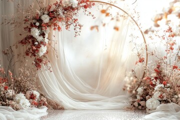 Delicate flowers paired with white satin drapes make for a stunning photography background suitable for weddings and maternity backdrops