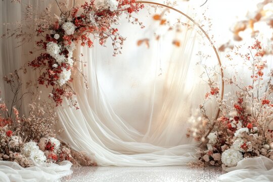 Delicate flowers paired with white satin drapes make for a stunning photography background suitable for weddings and maternity backdrops