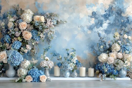 Delicate blue flowers create a beautiful backdrop for photography, weddings, and maternity occasions