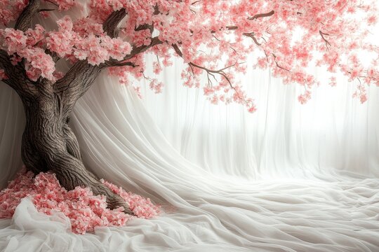 Delicate flowers, satine, and tulle are featured on this photography background, suitable for maternity or wedding backdrops