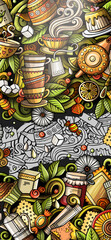 Tea hand drawn doodle banner. Cartoon detailed flyer. Beverage identity with objects and symbols. Color vector design elements background