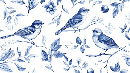 Obraz premium Botanical blue pencil drawings of birds and leaves on white background forming a pattern