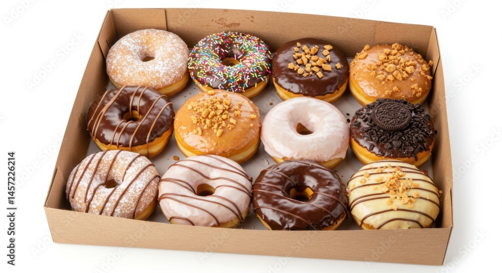 Poster assorted donuts in a cardboard box with various toppings and glazes on a white background surface