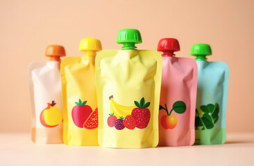 Baby food packages in bright colors with images of fruits and vegetables