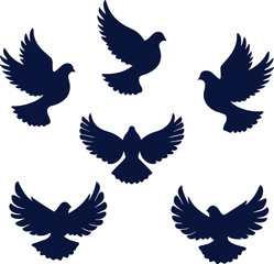 Hand drawn flying dove silhouette set