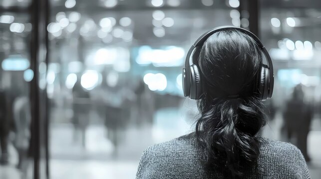 Woman in headphones enjoys music, standing in a blurred crowd, capturing a sense of escape.