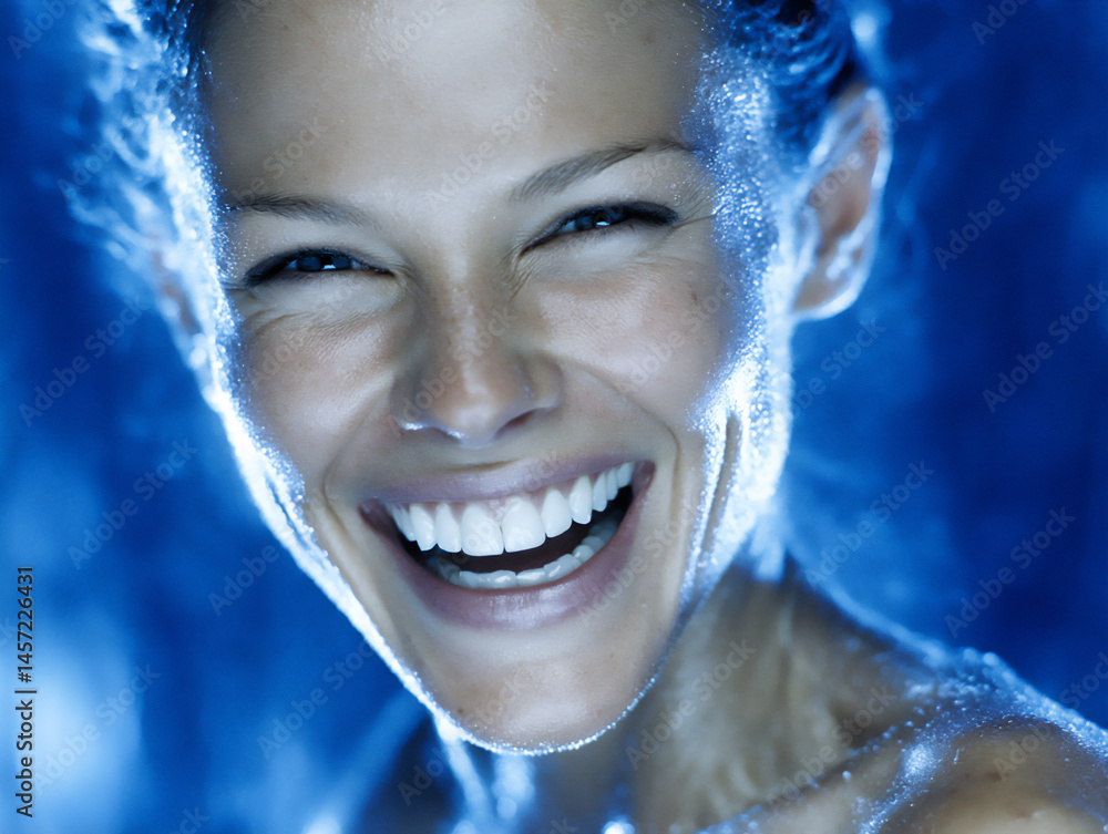Poster a 3d render close-up of an ai face subtly expressing happiness through a gentle smile and soft, warm
