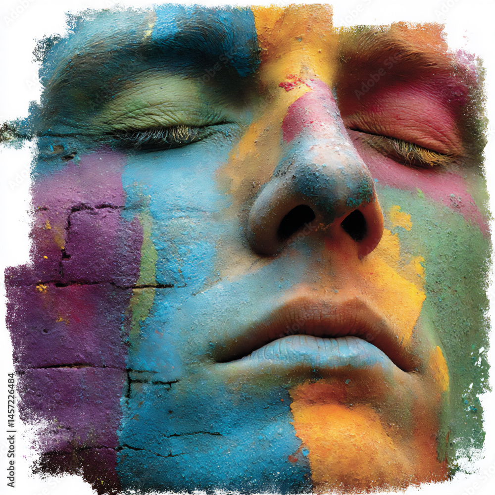 Poster a 3d render of an ai face dissolving into abstract brushstrokes of vibrant colors, suggesting ai cre