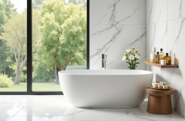 Fototapeta premium A modern minimalist bathroom with white marble walls and a large freestanding bathtub.