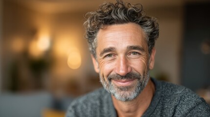 Happy man smiling at home, warm and relaxed vibe
