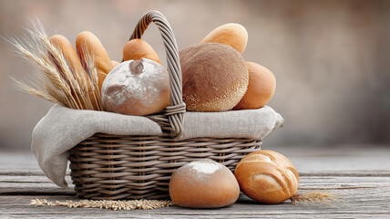 Bread basket with a variety of fresh pastries sits on a wooden table against a gray wall. Rustic-style still life conveys warmth, coziness and the aroma of homemade bread.