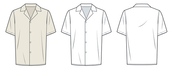 Camp Collar Shirt technical fashion Illustration. Short Sleeve Shirt fashion flat technical drawing template, button down, relaxed fit, front, back view, white, beige, women, men, unisex CAD mockup. © Liubov Hladka