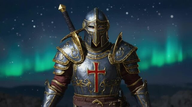 Medieval Knight in Full Armor with Sword Against Night Sky with Aurora