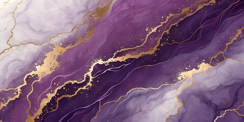 "Luxury purple and gold marble texture created with alcohol ink, ideal for elegant banners, posters, and design templates"