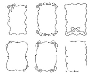 Set of hand drawn decorative frames with bows and wavy lines in black outline on white background. Concept of vintage border elements, greeting card design and elegant framing