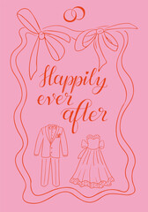 Romantic wedding card with hand drawn bride and groom outfits, bows and rings on pink background. Concept of love, marriage celebration and happily ever after sentiment