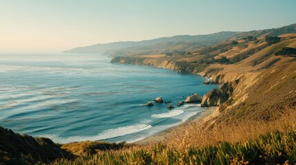 Coastal Landscape Showing Water Hills Beaches And Rocky Outcrops