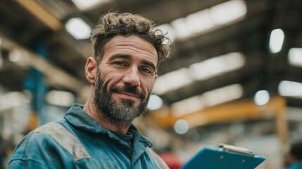Skilled worker smiling while holding clipboard in an industrial warehouse