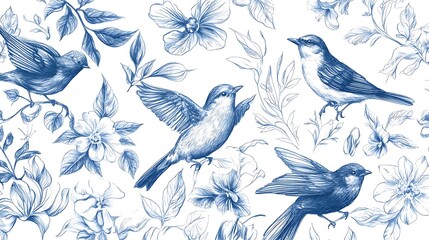 Birds in natural postures among flowers and leaves sketched in blue pencil pattern on white