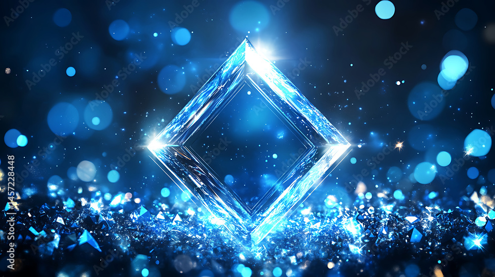 Poster abstract diamond shape floating among shards with bokeh lights and blue color palette perfect for te