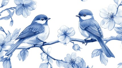 Birds sitting on flowering branches sketched in blue pencil on seamless white background