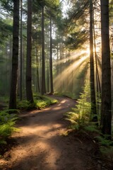 "Wide forest trail curving into the distance, illuminated by warm morning sunbeams streaming through the trees at an angle. A gentle fog enhances the light rays and adds a cinematic look."


