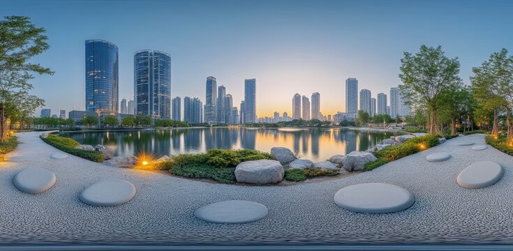 A 360-degree HDRI panorama in equirectangular spherical projection presents a square with skyscrapers near the ocean or seashore, characterized by a blue sky and favorable weather, suitable for