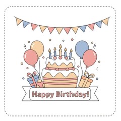 Happy Birthday Pastel Cake with Balloons and Gifts