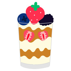 Yogurt in glass cup with grains, fresh strawberry, blueberry, and raspberry topping, a healthy breakfast and dessert flat vector illustration