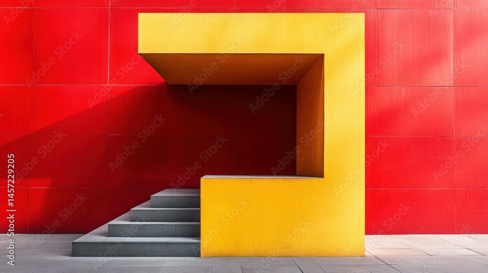Poster abstract architectural structure featuring red wall and yellow block elements